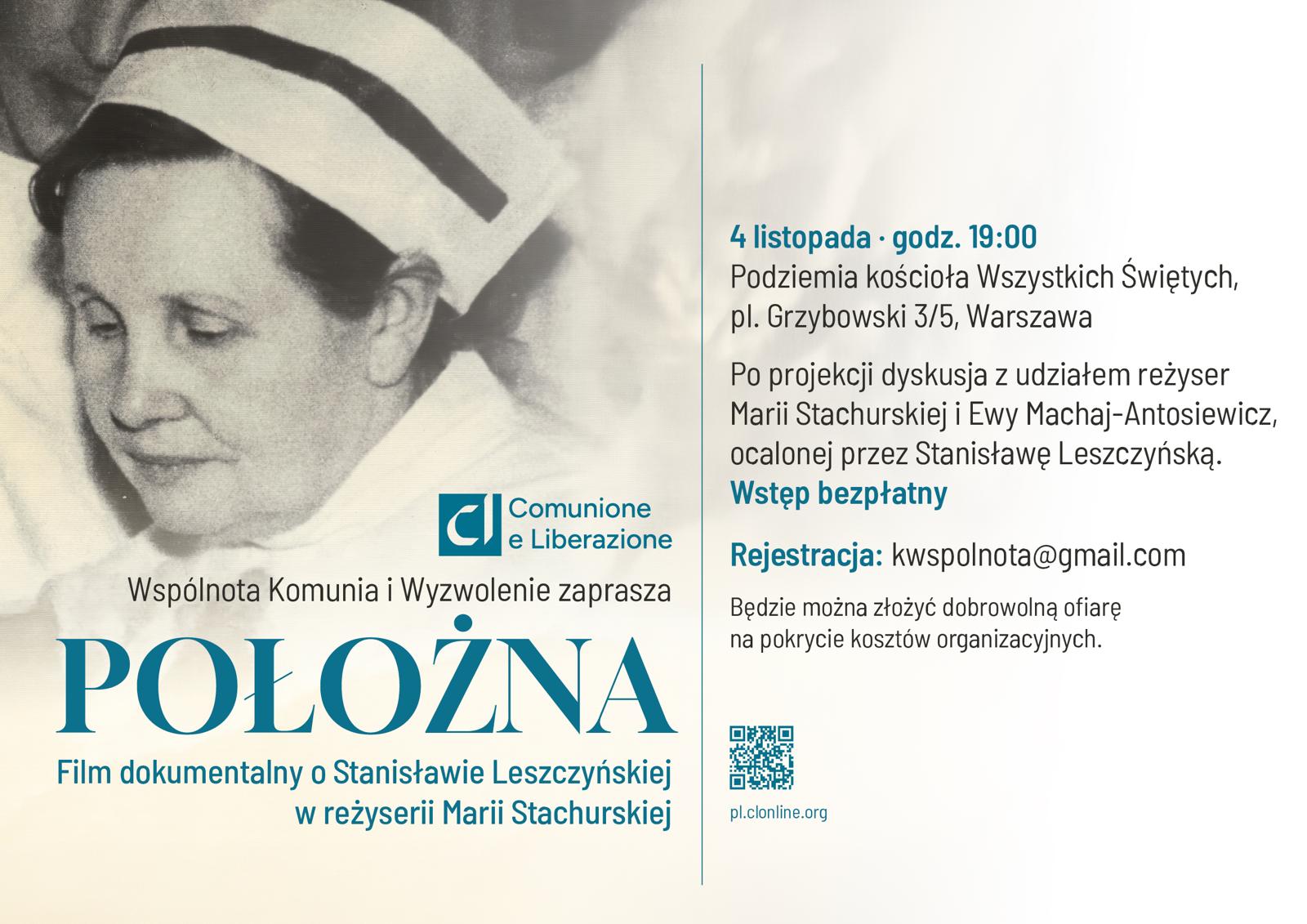 Plakat filmu dokumentalnego „Położna” o Stanisławie Leszczyńskiej – pokaz 4 listopada 2026 w kościele Wszystkich Świętych w Warszawie.